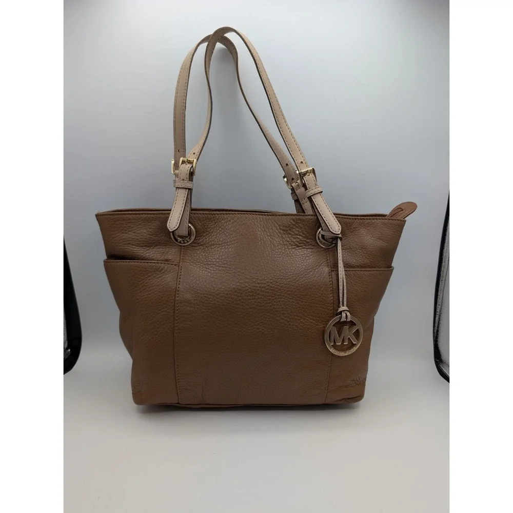 Michael Kors Brown Pebbled Leather Multi Pocket Shoulder Tote Bag MK Charm 2007